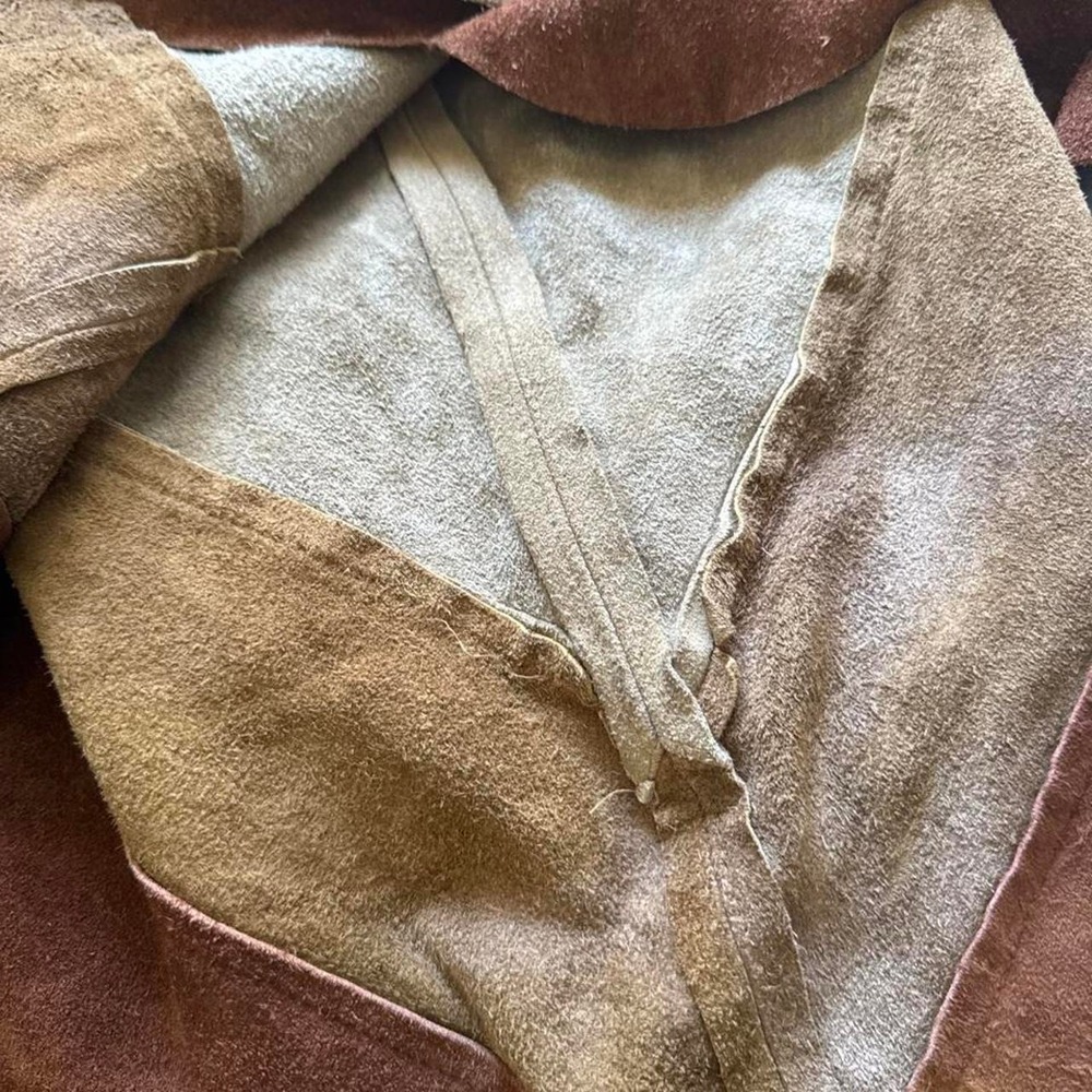 Vintage 70s Suede Genuine Leather Scallop Poncho brown red western prairie boho - Picture 8 of 8